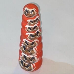 Daruma Doll Kokeshi Playful Red Orange Stacked Cat Figurines Wooden Art Japanese